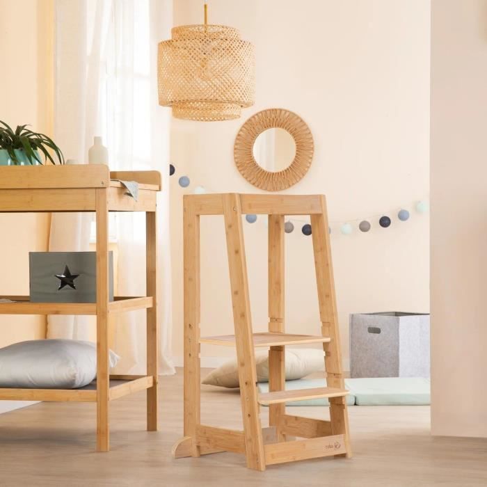 Tour d'apprentissage Montessori - ROBA - Bambou Certifié FSC - Réglable sur 3 niveaux de hauteur - Jusqu'a 80 Kg - Naturel