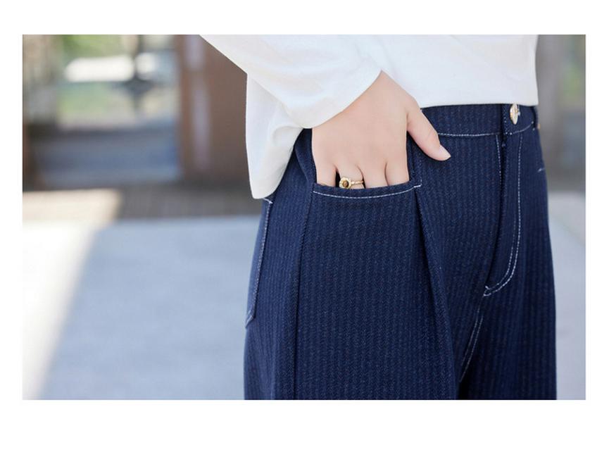 Hong Kong Retro Fashion Denim Blue Women's Set: 2025 Spring/Autumn Striped Patchwork Jacket & Wide-Leg Pants Two-Piece