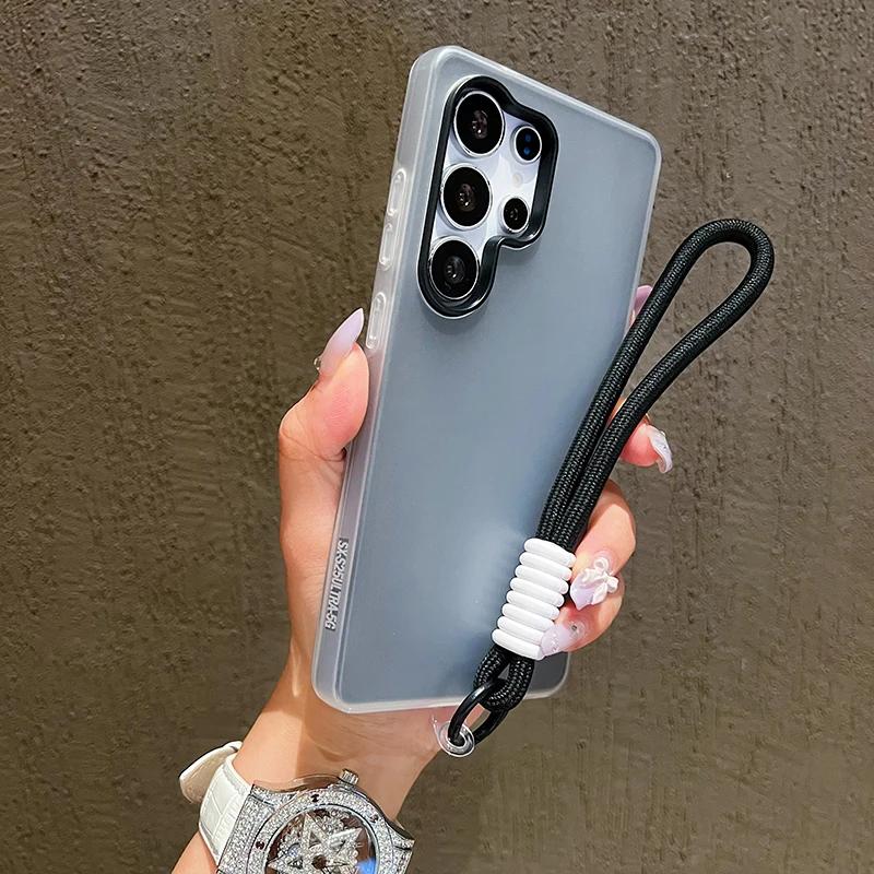 Nieuw Snoepkleur Mat Met Lanyard Hoesje Voor Samsung Galaxy A56 A17 A07 A36 A26 A16 A06 A55 A35 A25 A15 A05 A54 A53 A52 A73 Cover Case & Strap&Galaxy A73 5G zwart