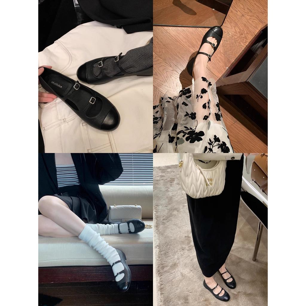 Cowhide Version~ Leather Rhinestone Soft Sole Mary Jane Single Shoes Women's Ballet Shoes Flat Shoes Ladyshoes Small Heels