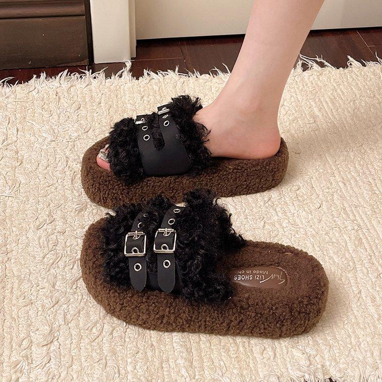 Thick-bottomed Fluffy Slippers for Women's Outer Wear 2025 New Belt Buckle Autumn and Winter Retro One-word Drag Soft-bottomed Cotton Drag for Women