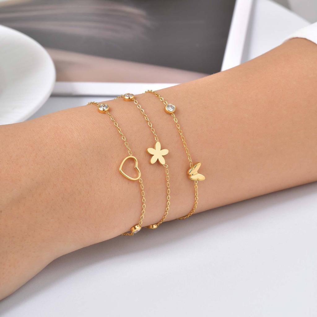 Wind Ladies Jewelry Stainless Steel Heart Inlaid Butterfly Flower Bracelet Necklace, Niche Delicate Clavicle Chain 2536