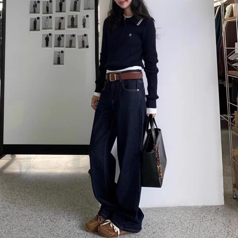 JIAMU Unisex Volné džíny s rovnými nohavicemi - Vysoký pas, Zeštíhlující, Vintage tmavě modrá džínovina