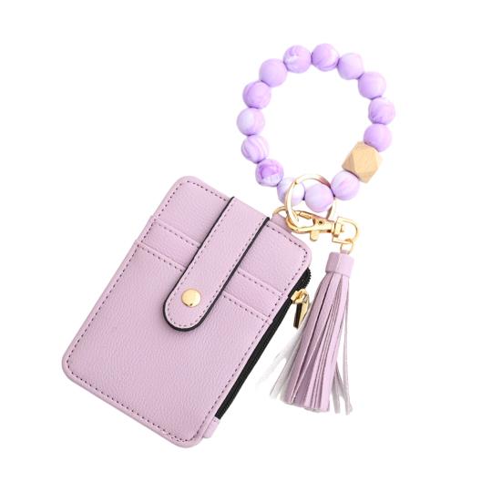 

Богемний стиль Брелок-гаманець з бісерною китицею, браслетом на зап ястя, відділенням для карток, зі штучної шкіри, сумка з кількома відділеннями фіолетовий