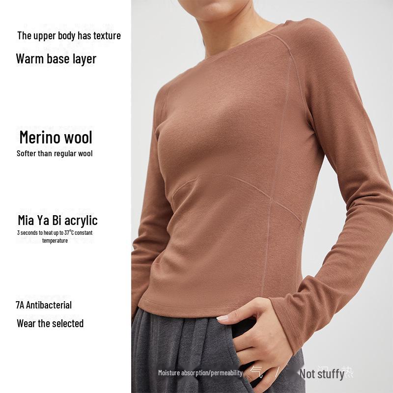 Women's Merino Wool and German Velvet Round Neck Bottoming Shirt - A-type Stitching and Thickened Skin-Beautifying Fabric