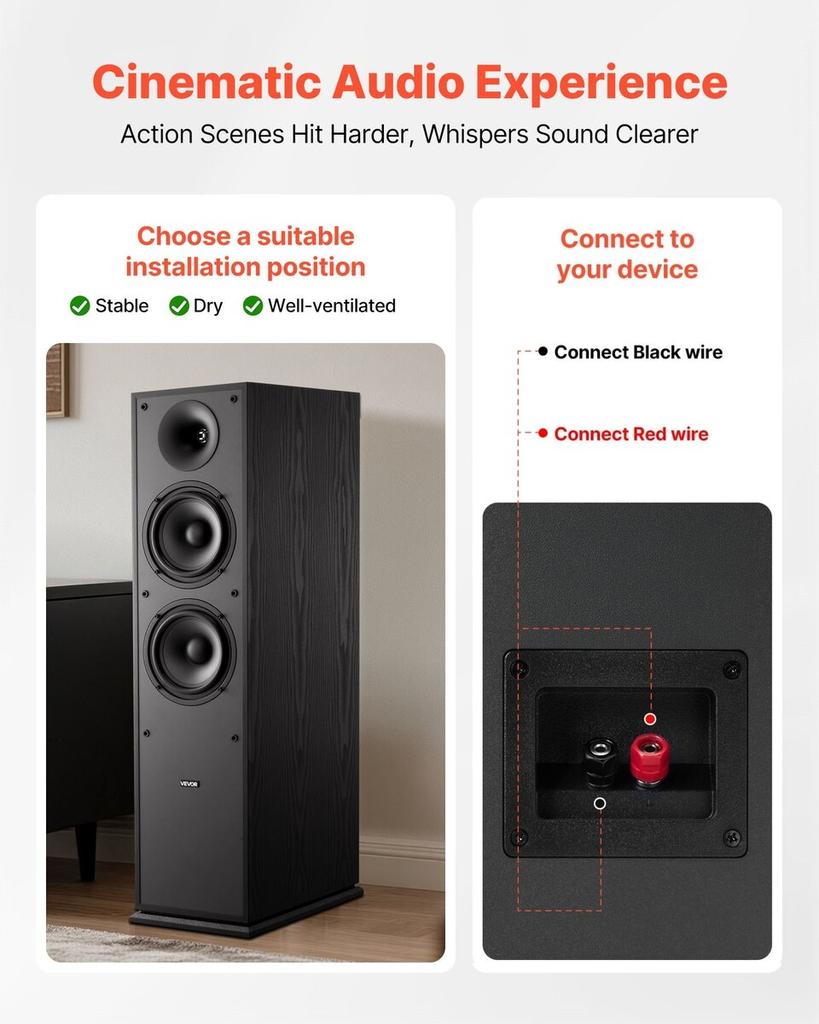 Floorstanding Speakers, 2-Way, Floor-Standing Tower Speakers with 25.4 Mm Tweeter, Dual 165.1 Mm Woofers, 400W Peak, 65Hz20kHz Frequency Response,