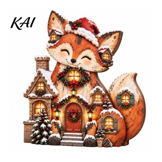 Indoor Xmas Ornaments Christmas Wooden Fox Village House Table Ornament, Wood Block Tabletop Holiday Gift for Friends Centerpiece Farmhouse