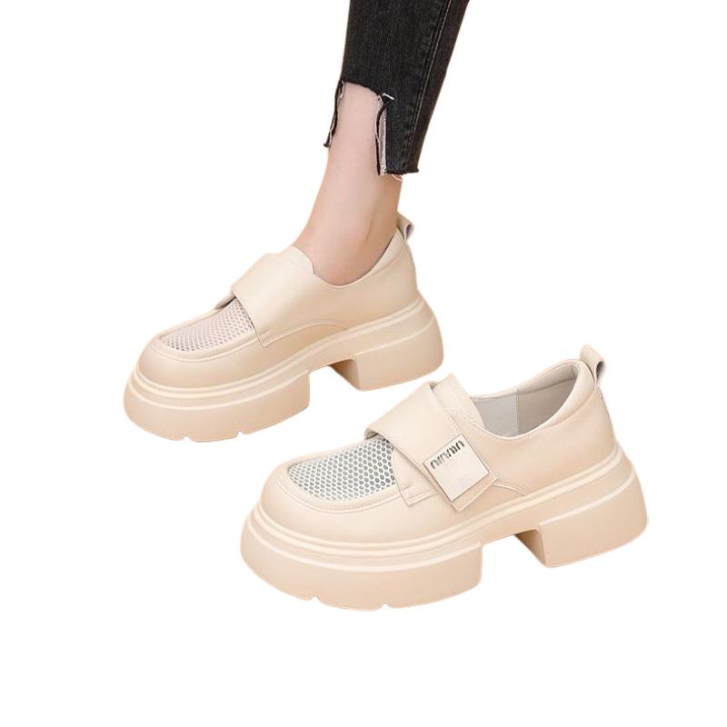 Atmungsaktive Mesh-Slipper Damen 2025 Frühling neue Klettverschluss Einzel-Schuhe Plateau Mesh ausgehöhlt Ein-Pedal Lederschuhe