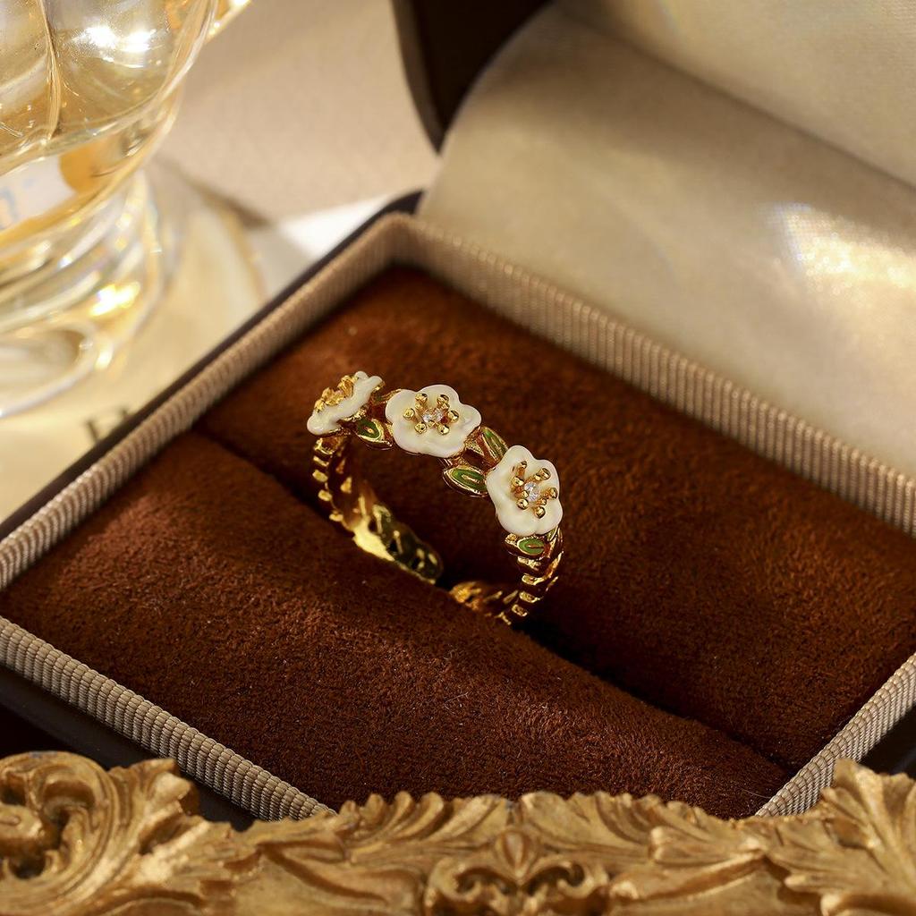 Copper-Plated 18K Gold Enamel Forest-Style Flower Open Ring