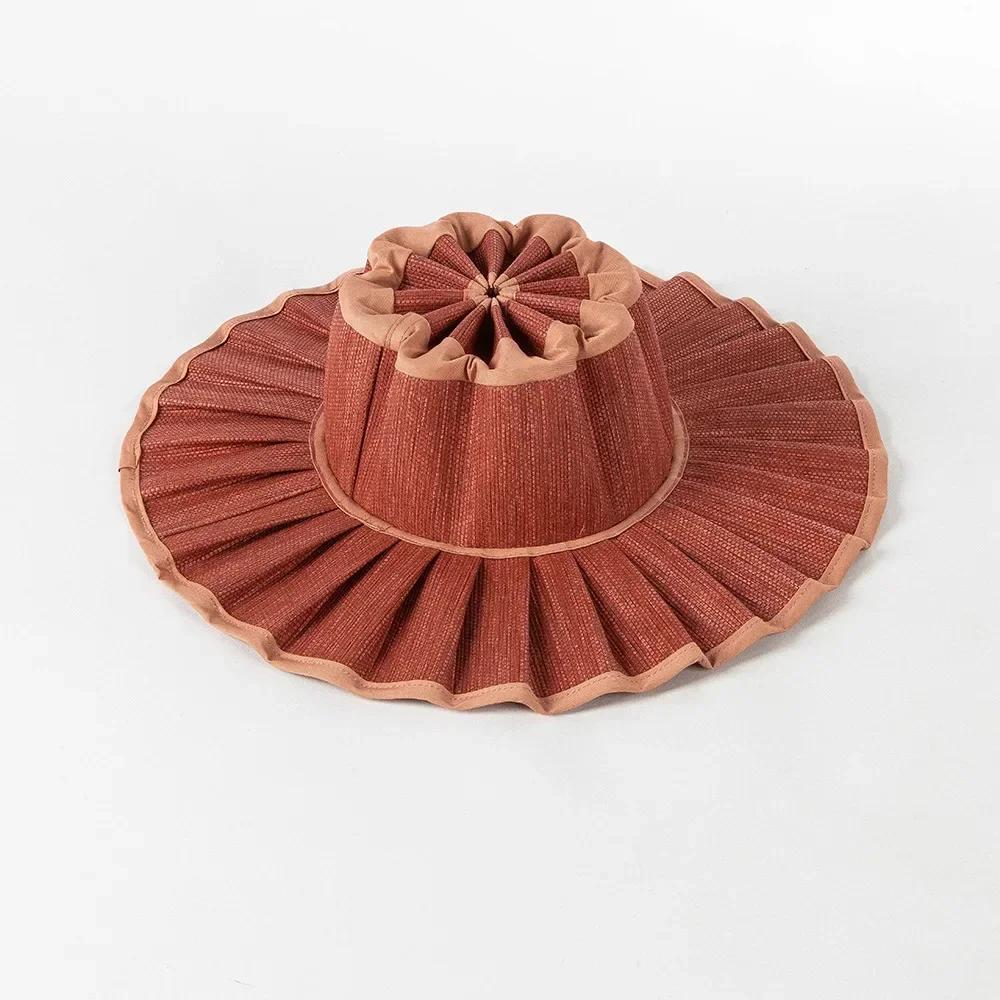 Y2K Parent-Child Summer Reversible Pleated Sun Hats for Women Casual Straw Hat Outdoor Beach Shade Straps Lady Gorras Para Mujer