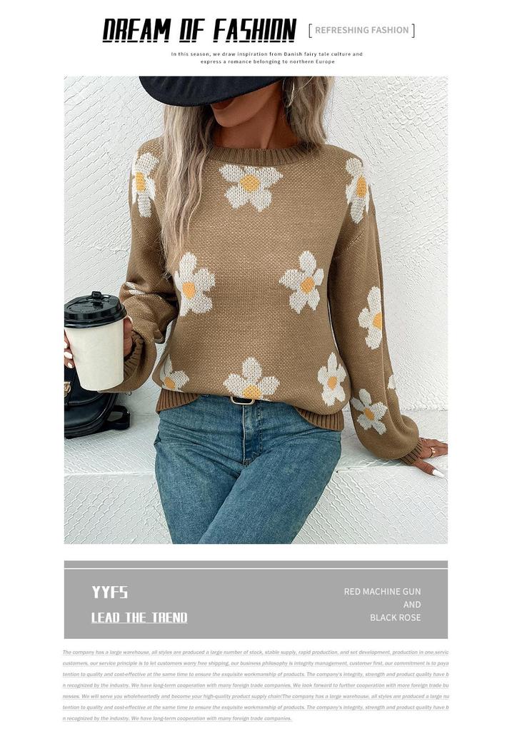 Autumn 2024 Women's Floral Knit Pullover Sweater - European & American Style, Long Sleeve, Round Neck, Casual Fit