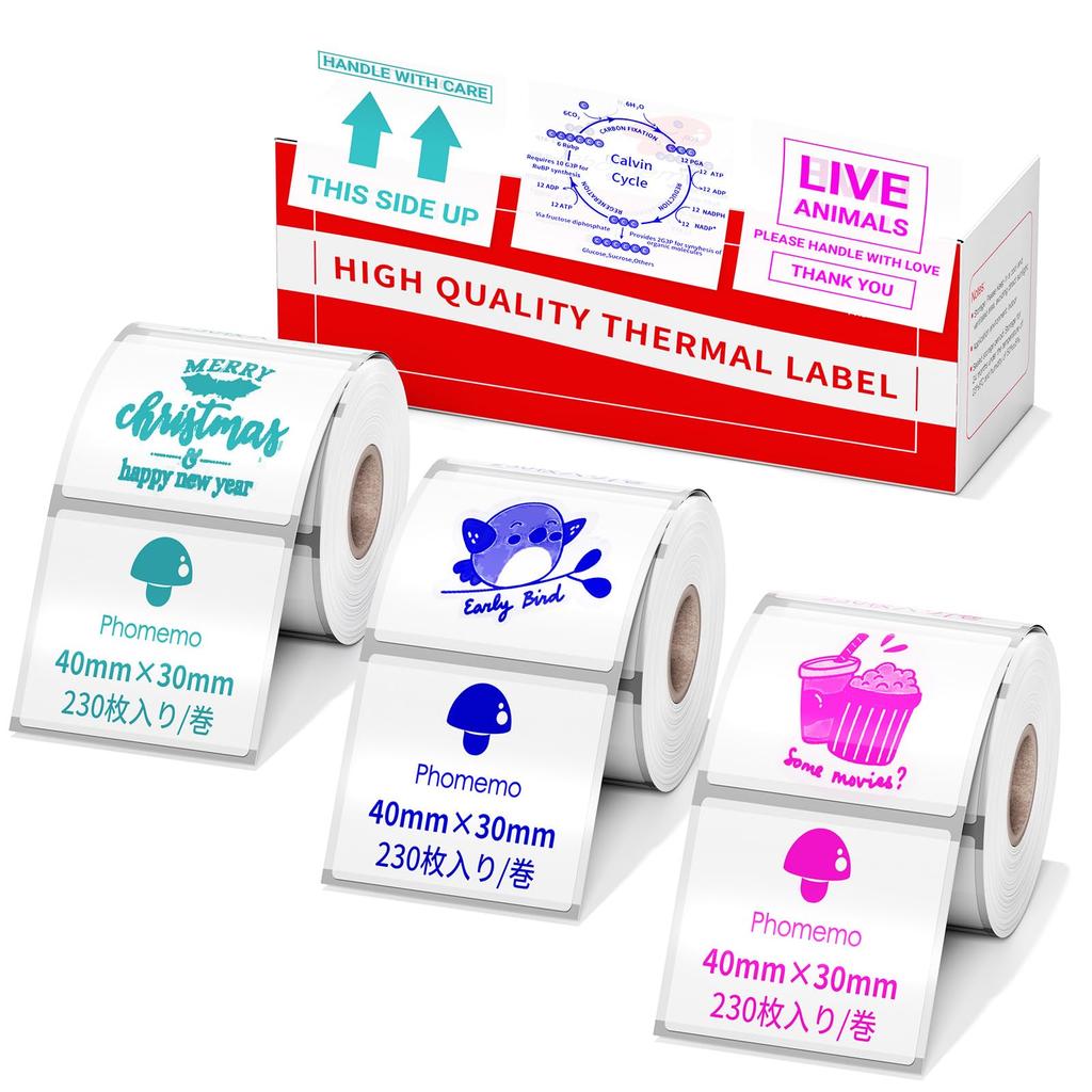 Phomemo M110 Compatibil Autentic Autocolant Etichetă Transparentă Hârtie Termică Rola Verde Roz Albastru Literă Etichetă de Preț Tip Rectangular 3 Volume 230 Termic