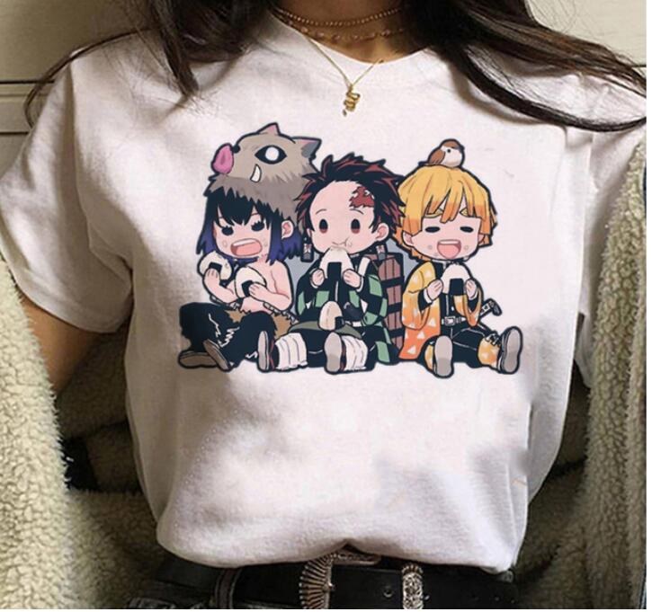 Kawaii Casual Anime Demon Slayer Kimetsu No Yaiba Graphics Female T-Shirt Summer Loose Blouse White Tees O-Neck Women Goth Tops