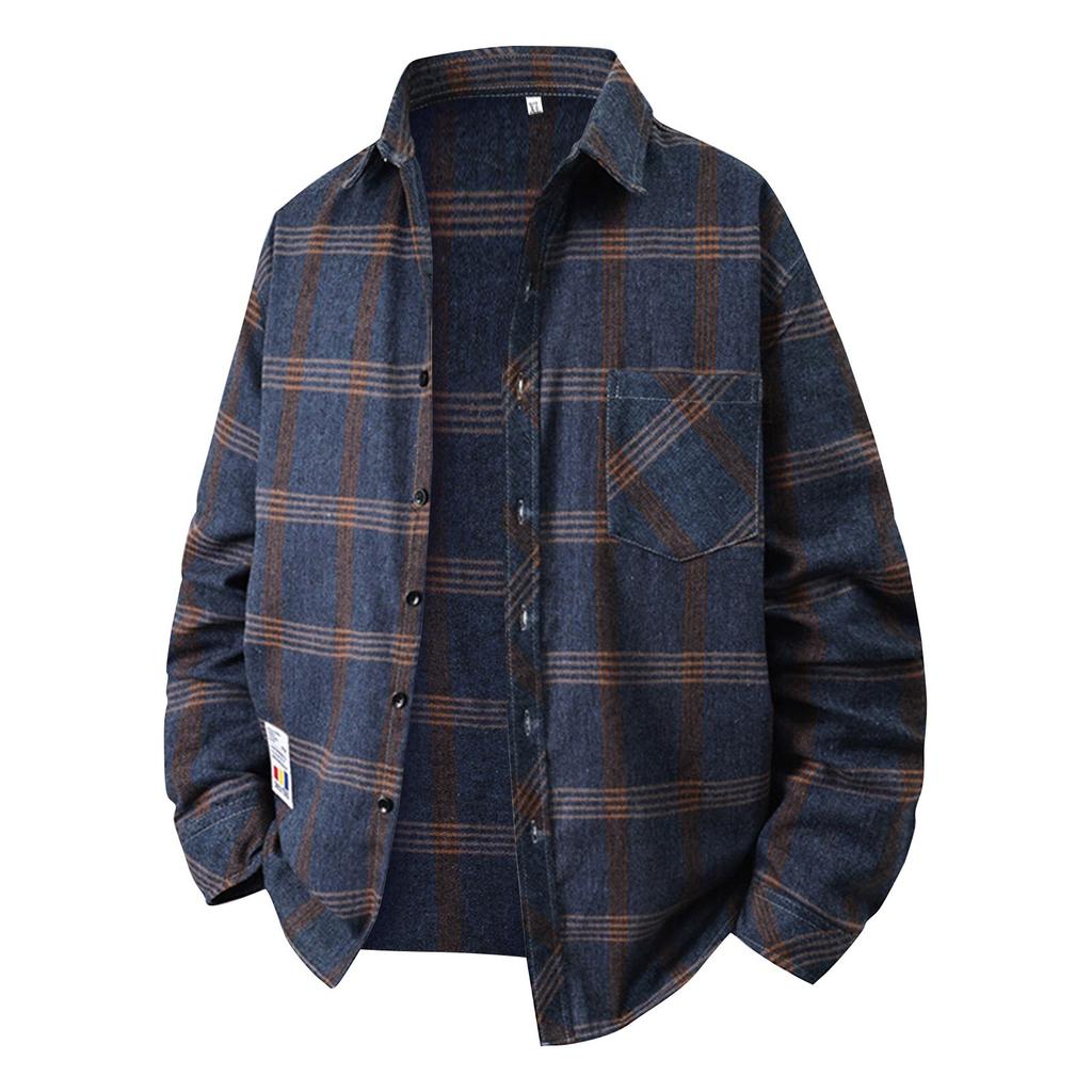 Men's Spring Plaid Youth Fashion Loose Stand Collar Long Sleeve Shirt