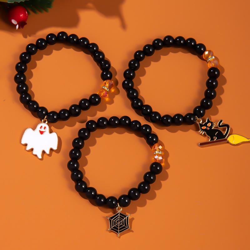 3 Pcs Halloween Black Beaded Bracelets Set for Women Handmade Spider Web Ghost Cat Pendant Bracelet Girls Party Jewelry Gift