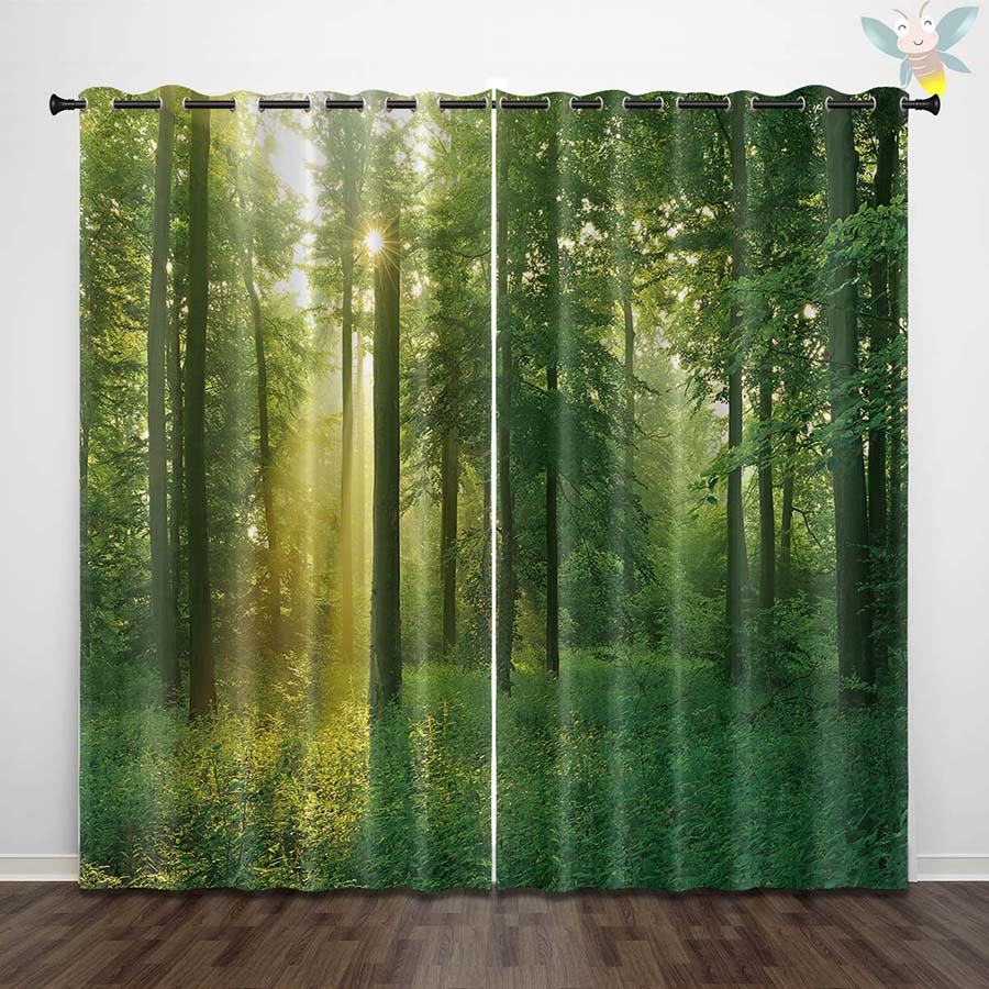 2PC High Blackout Perforated Curtains, Double-sided Matte, Bedroom, Balcony, Living Room, Fresh Green Forest Print