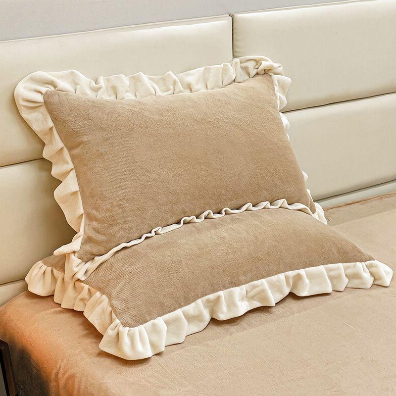 Set of 2 Winter Velvet Pillowcases, 48x74, Solid Color with Lace, for Girls and Dorms