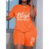 Plus size women's two-piece casual short-sleeved shorts set, BLESSED BEYOND MEASURE letter print