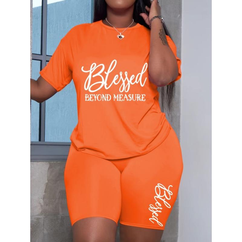 Plus size women's two-piece casual short-sleeved shorts set, BLESSED BEYOND MEASURE letter print
