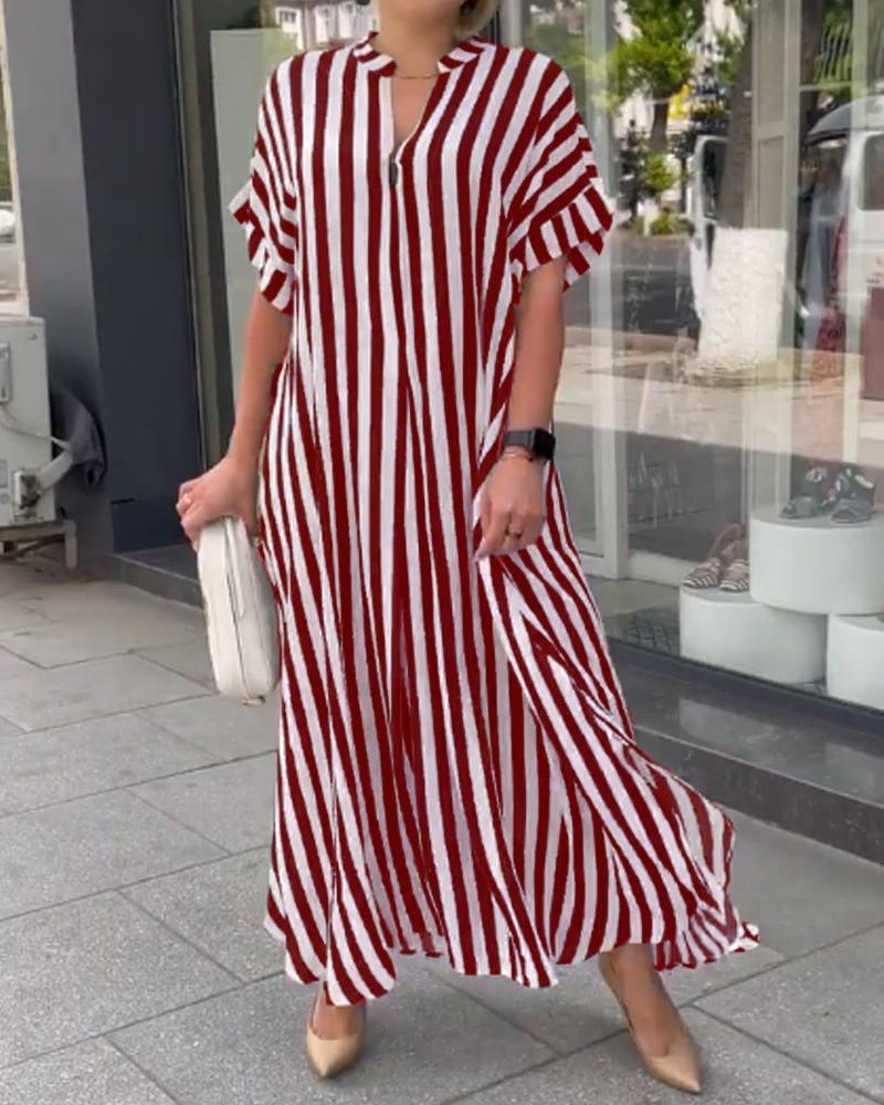 In stock, European and American women's clothing fashion trend split-ended loose casual striped dress