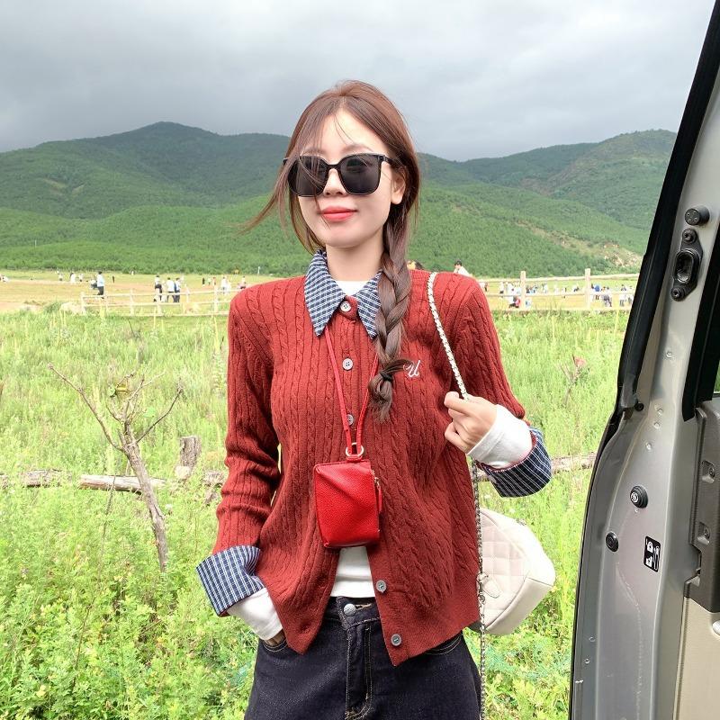 Plaid Polo Collar Fake Two-piece Twist Long-sleeved Sweater for Women To Wear Early Autumn Tops