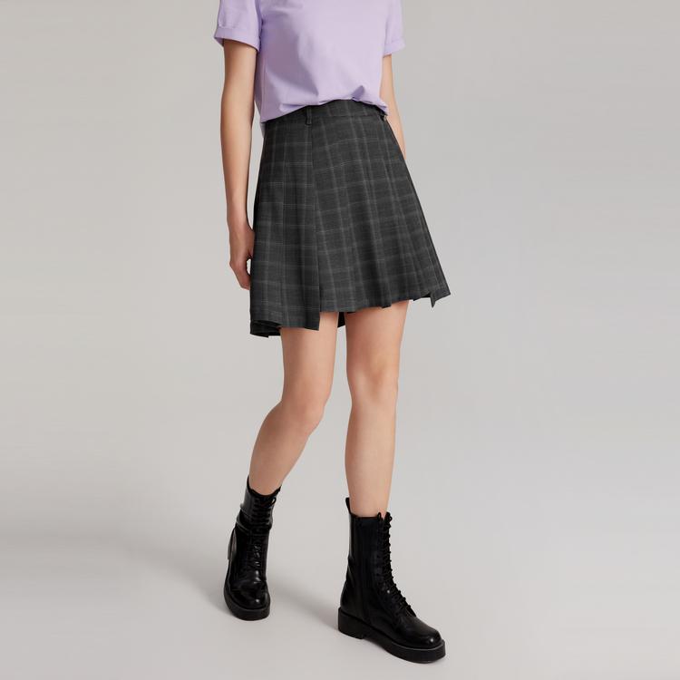 ELLE French Design Hollow Slim Simple Thin Plaid Pleated Casual Skirt Women skirts Gray ER47595