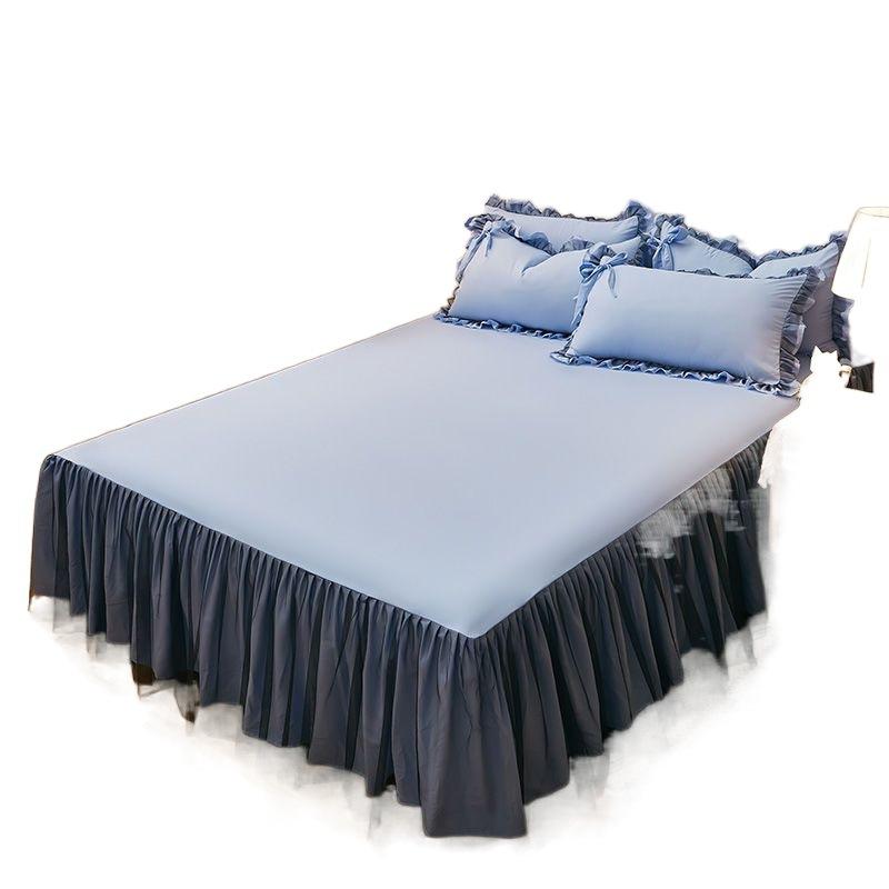 Universelle Tagesdecke in Volltonfarbe für alle vier Jahreszeiten, schwarze Spitze, großer Rocksaum, Bettdecke, staubdicht, rutschfeste Bettwäsche, bequeme Laken