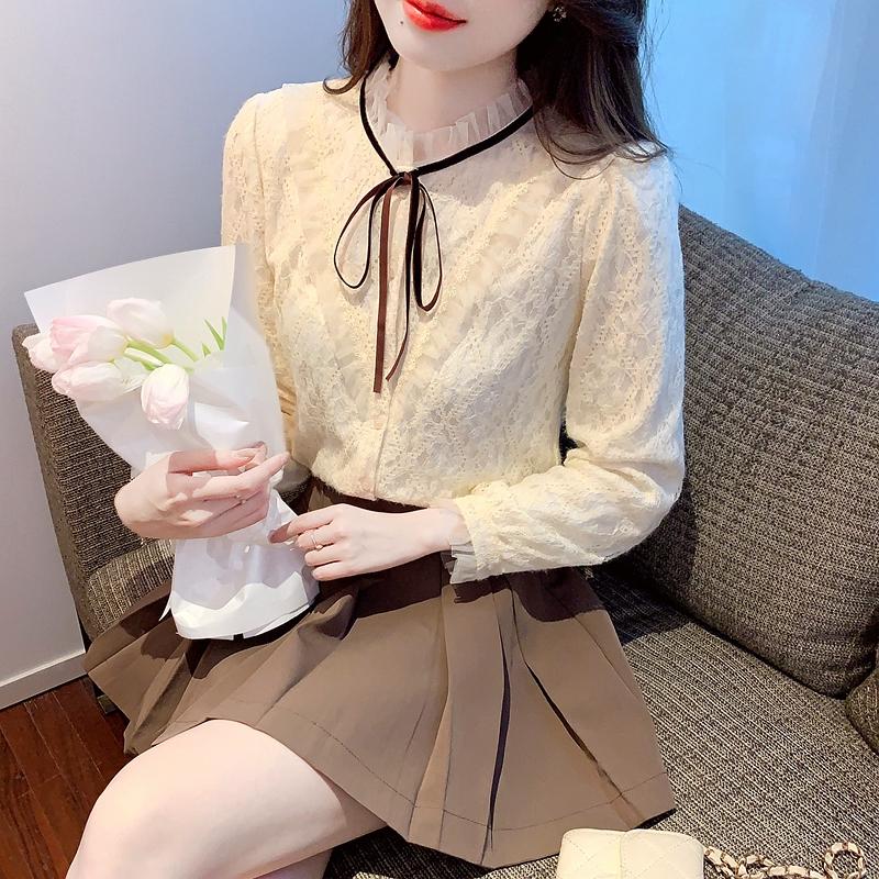 Fashion New 2024 Autumn Winter Long Sleeve Lace Up Stand Collar Velvet Lace Blouse Shirt Women Tops Blouses Shirts J758