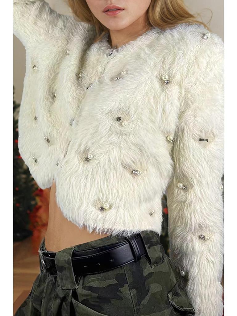 Women's Imitation Mink Velvet Beaded Cardigan Sweater