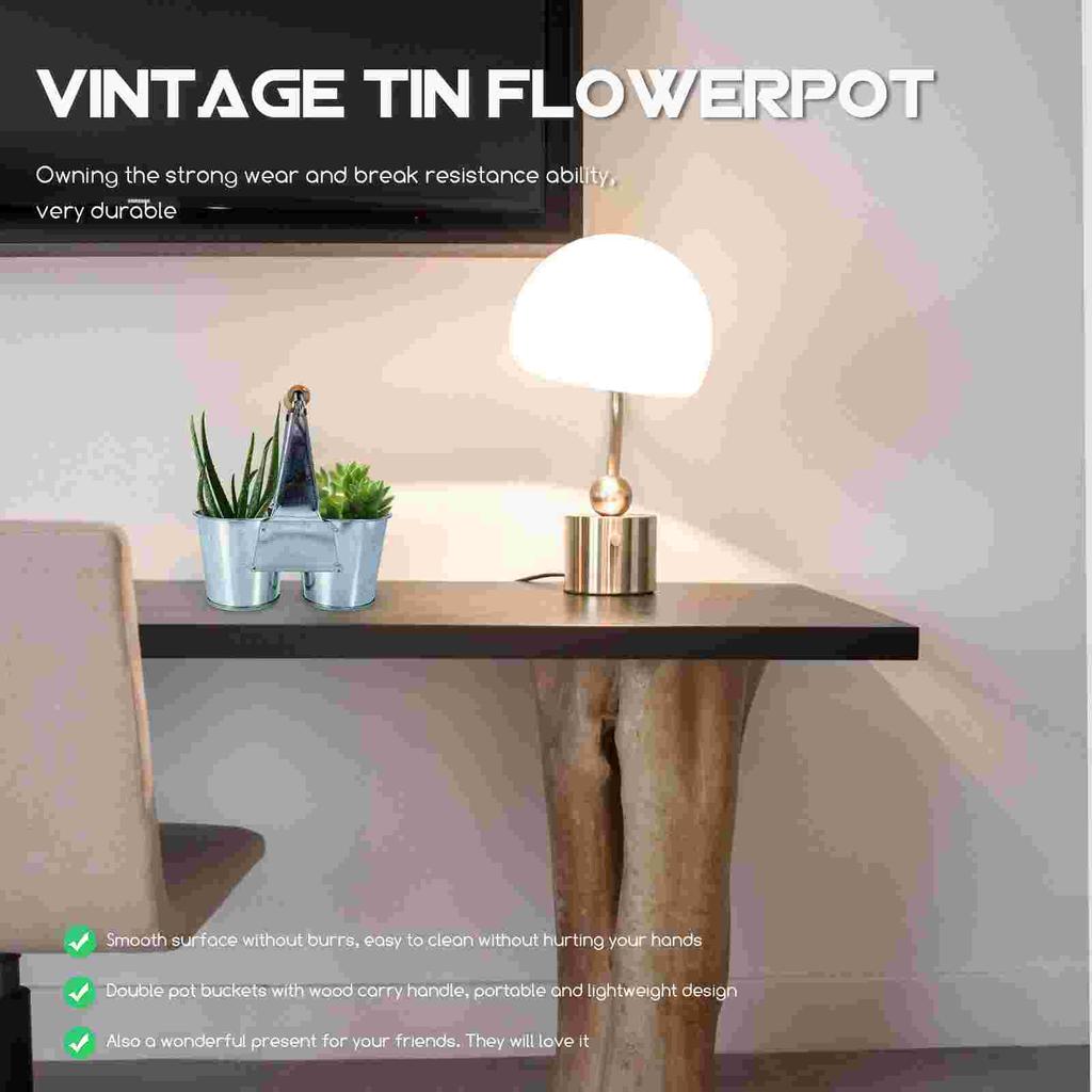 Verzinkter Doppel-Eimer aus Zinn Sukkulenten-Blumentopf Vintage-Vase Vasen für Blumen Zimmerpflanzen