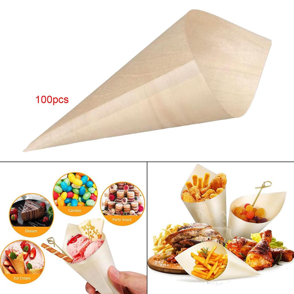 100 Wooden Dessert Cones, Ideal for Weddings, Buffets, Catering, Events, Parties And Home Use.
