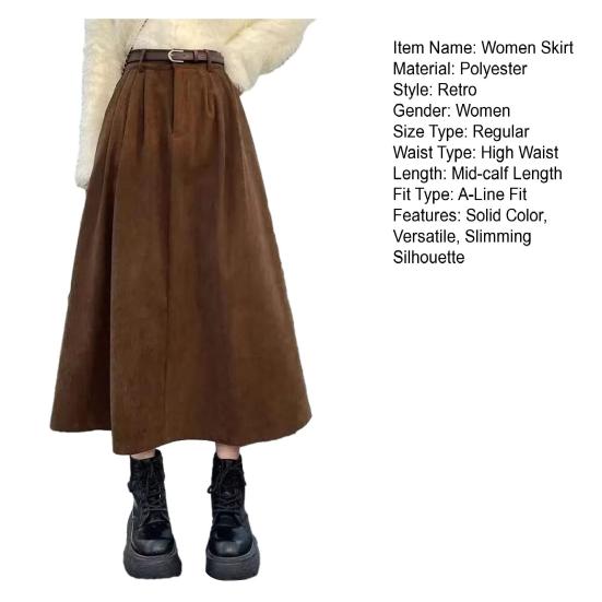 Women Skirt High Waist A-Line Large Hem Design Midi Skirt Solid Color Autumn Winter Draped Skirt Daily Wear