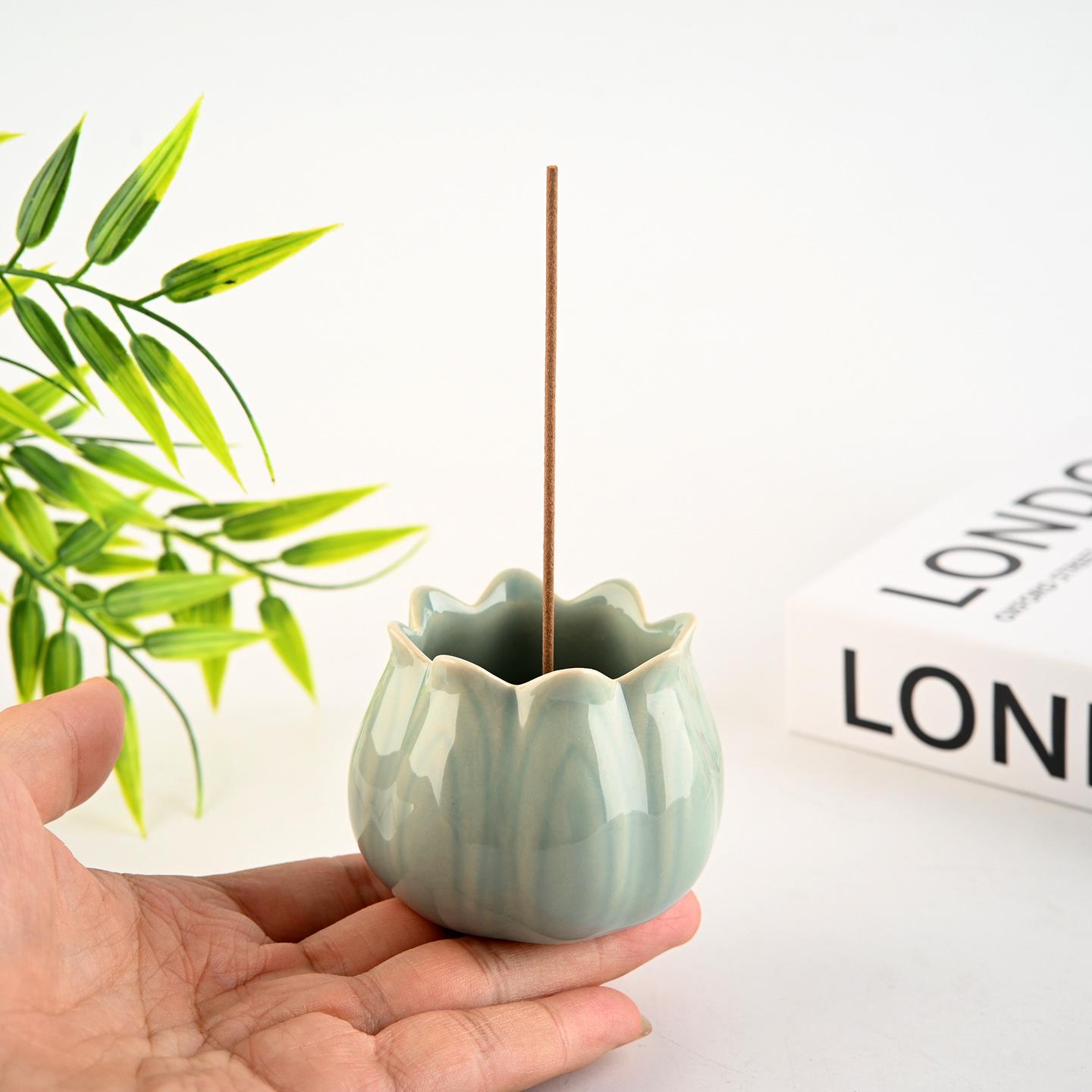 Aoi Celadon Ceramic Incense Holder - Small Petal Design for Zen Tea Ceremony
