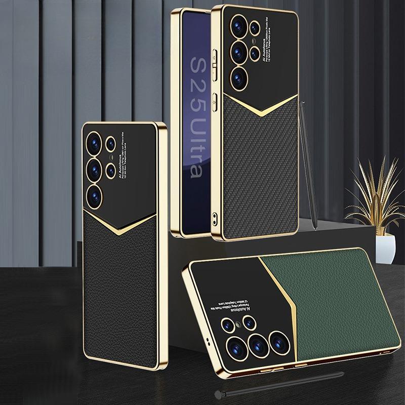 GKK Is Suitable for Samsung S25Ultra Carbon Fiber Mobile Phone Case Jazz Electroplated Plain Leather S25plus Anti Fall Protection Case