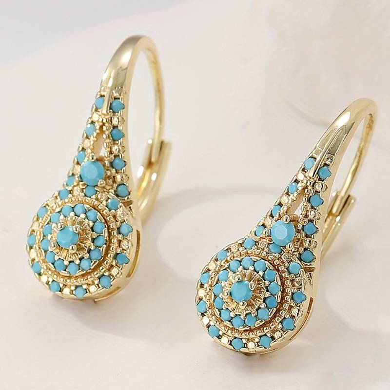 

Huitan Special Style Women Bohemia Drop Earrings Full Blue Turquoise Lady Party Accessories Gold Color Charming Daily Zircon