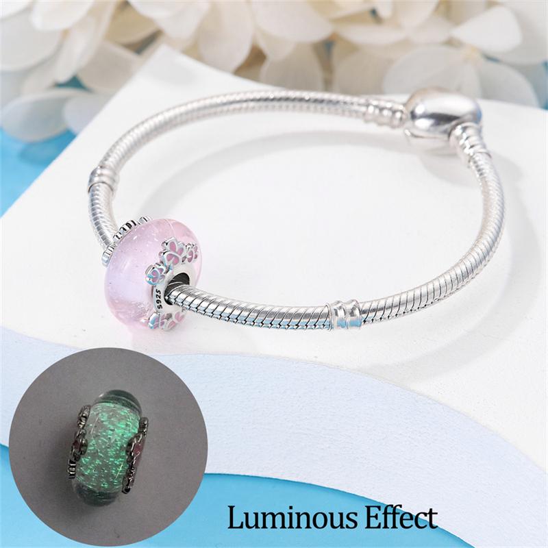 925 Silver Charms Bead Luminous Pink Glass Dangle Fit Original Bracelet DIY Women Jewelry Gift