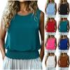 Women Sleeveless Casual Tank Top Summer Round Neck Blouson Hem Shirred Waist Relaxed Fit Vest Shirt