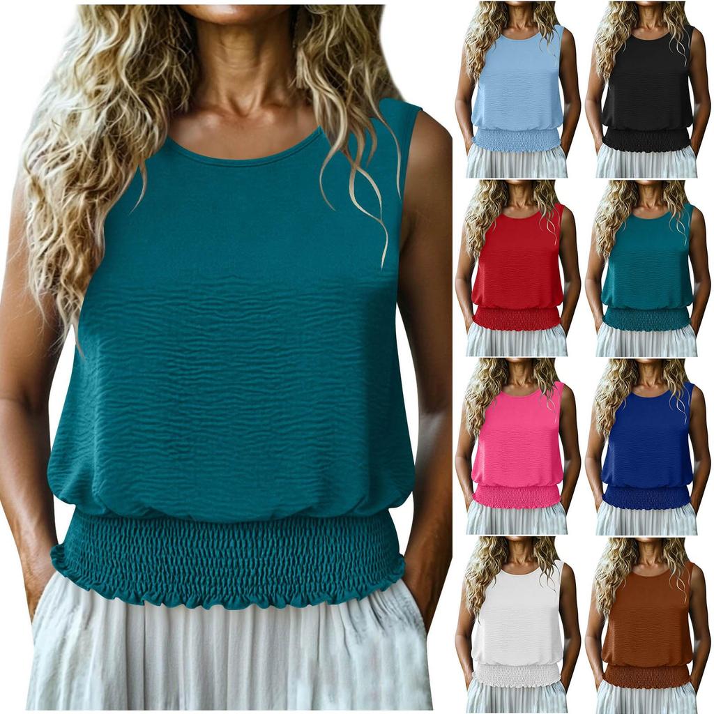 Women Sleeveless Casual Tank Top Summer Round Neck Blouson Hem Shirred Waist Relaxed Fit Vest Shirt