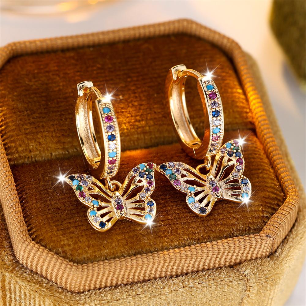 Cute Butterfly Rainbow Zircon Small Hoop Earrings For Women Vintage Gold Color Animal Ear Buckle Wedding Jewelry Versatile Gifts