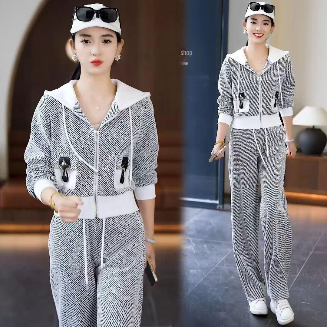 

Женский модный спортивный костюм на весну 2025 года: Кардиган с капюшоном и брюки широкого кроя - Стройнящий костюм-двойка 4XL (Recommended 160-170 lbs) белый