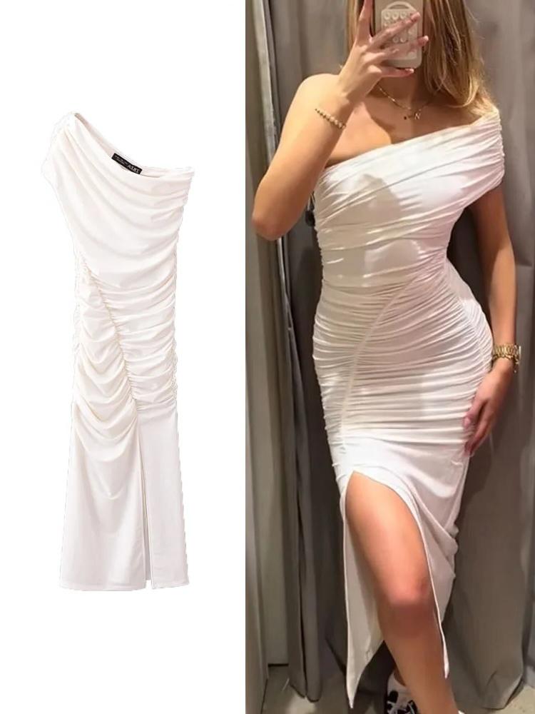 

2024Летнее платье с открытыми плечами, женские длинные платья со рюшами для женщин, элегантные вечерние платья без рукавов, сексуальное платье