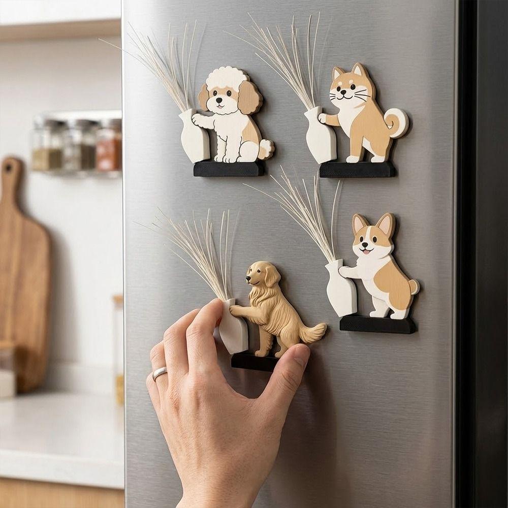 Mini Puppy Pushing a Vase Ornament Push Bottle Refrigerator Magnet Whiskers Storage Refrigerator Magnet Cartoon