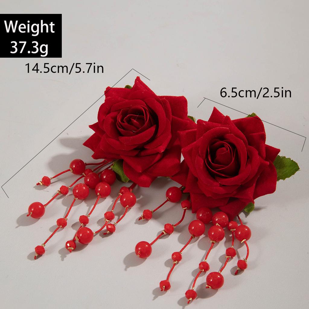 Accessories, colorful three-dimensional rose flower earrings, long fringed flower earrings with fresh fabrics
