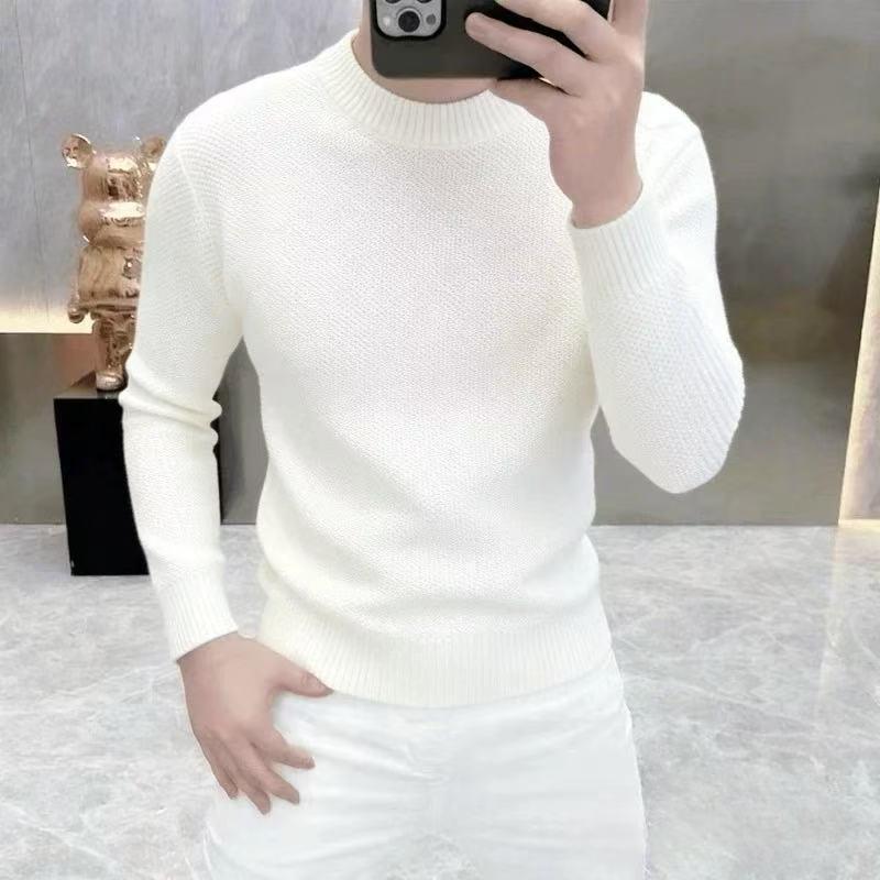 Men's Solid Color Round Neck Wool Knit Sweater - Versatile and Trendy Pullover
