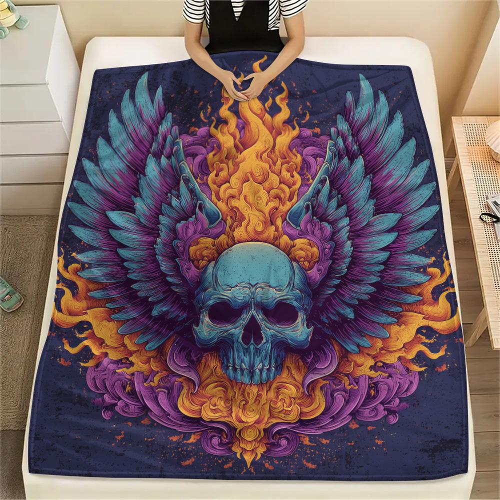 Winged Skull Print Flannel Blanket, High Quality Comfortable for All Seasons, Home Decor, Warmth and Comfort