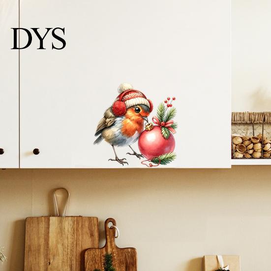 Watercolor Bird Wall Decals Christmas Sticker, Cute with Wreath/Scarf/Hat/Ear Warmer, PVC Waterproof Self Adhesive Stickers Window for Holiday