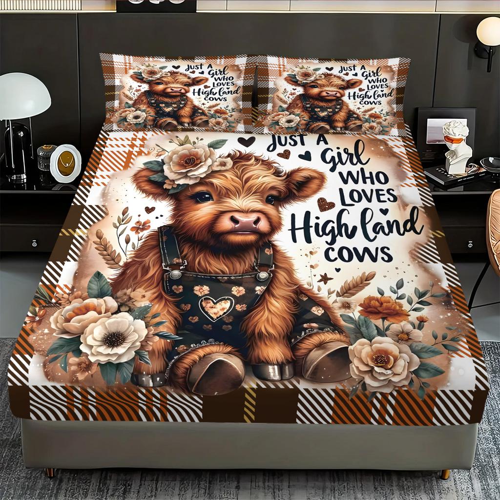 3pcs Cartoon Highland Cow Print Coreless Bed Sheet Set Multi Size Bedcover Bedroom Dormitory Bedding Decoration Machine Washable