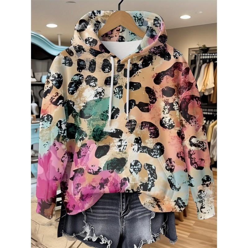 Womens Relaxed Fit Hooded Long Sleeve Sweatshirt With 3D Floral Plaid Print Breathable Comfort Casual Top