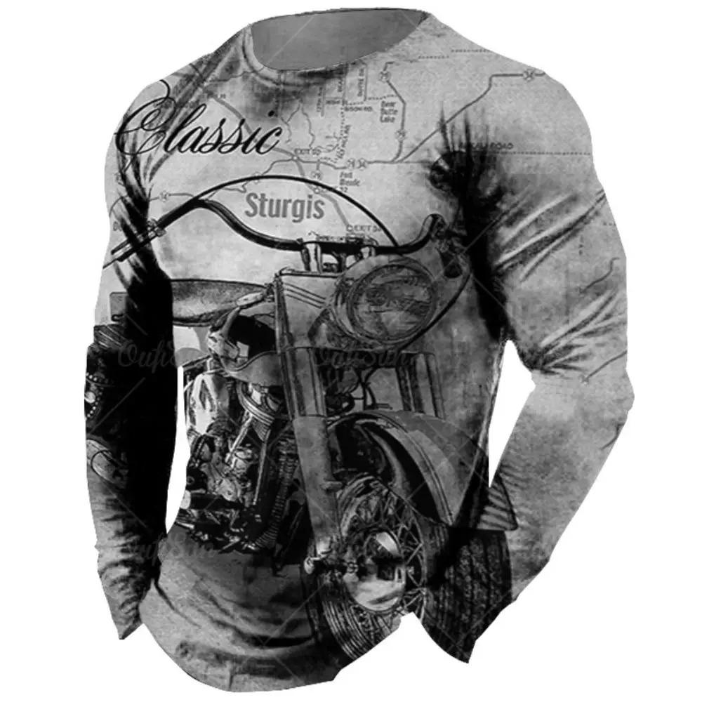 Fashionable Retro 3D Motorcycle Printed Pattern Men's Round Neck Long Sleeved T-shirt