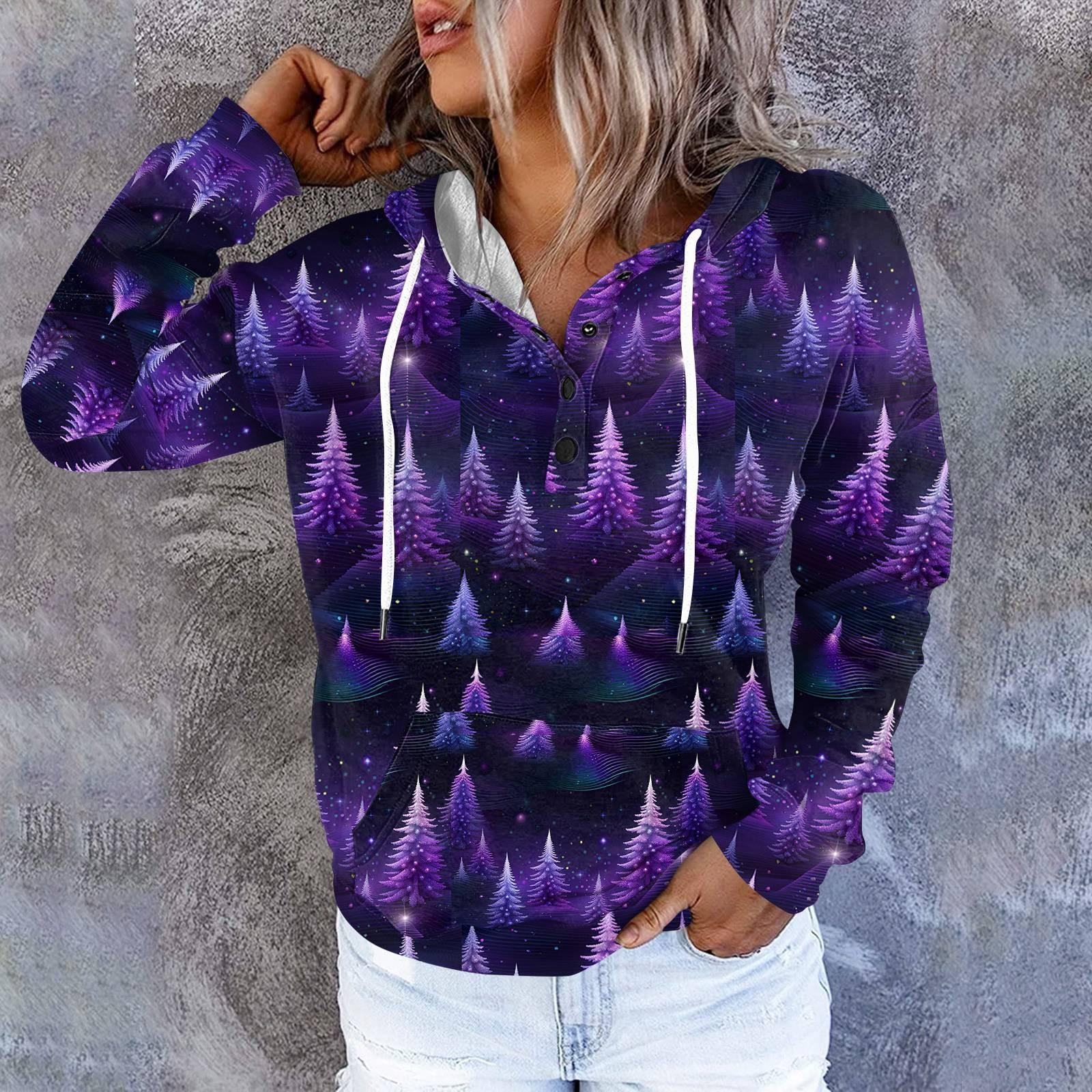 

Женские повседневные модные принты с длинным рукавом на пуговицах пуловеры с капюшоном толстовки XXL фиолетовый